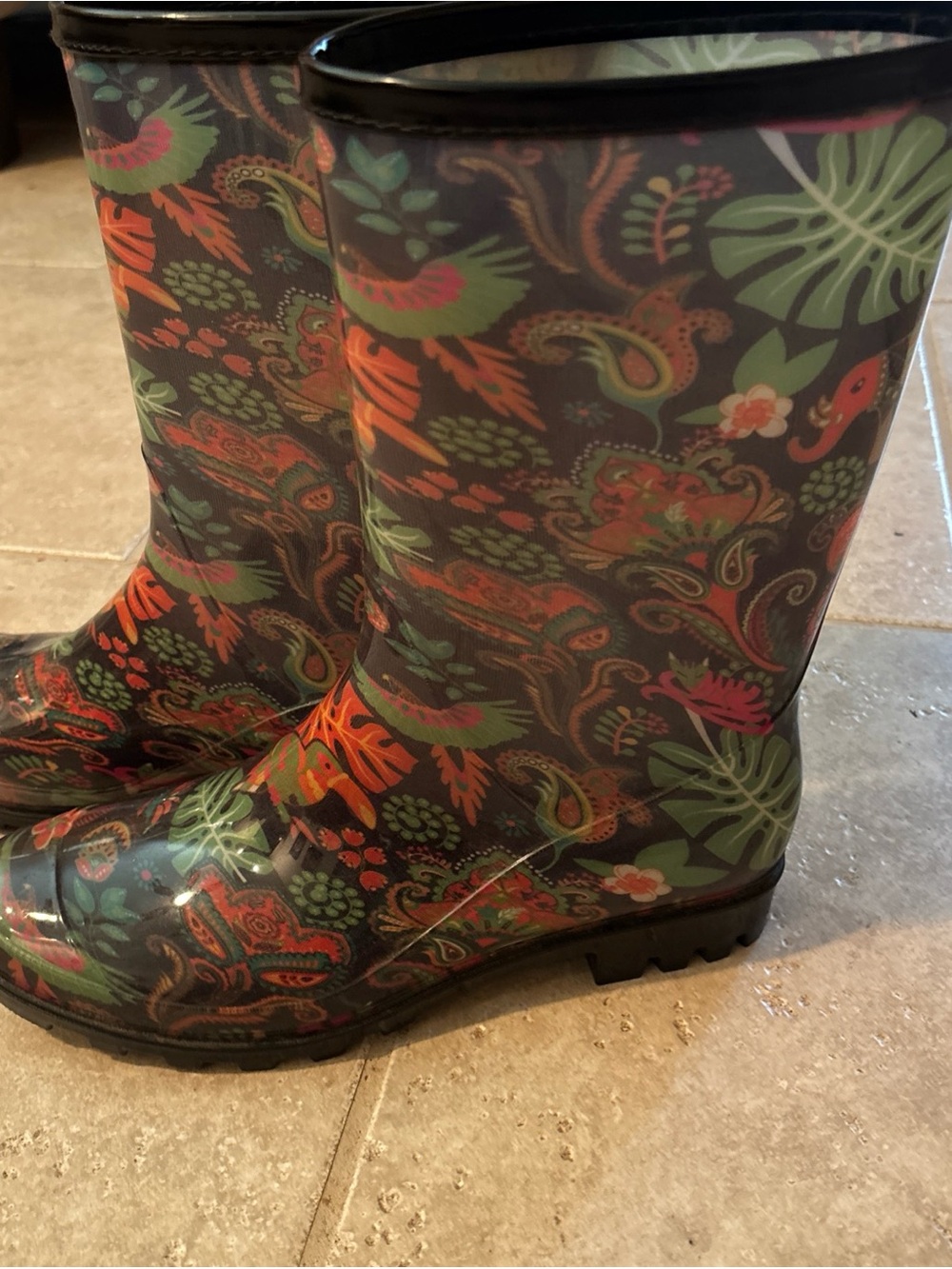 Women's Paisley Floral Rain Boots - Green & Orange EU 39, 8-8.5 US size
